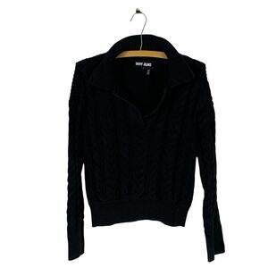 DKNY Black Cable Knit Polo Sweater Womens Medium Blokette Preppy Chunky